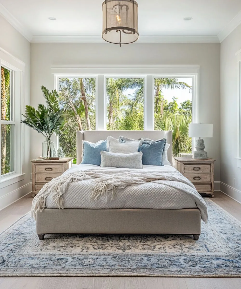 Light-filled bedroom in a coastal rental home